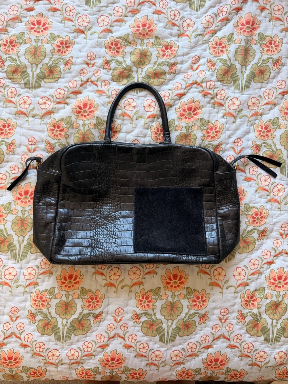 Clare V Black Croc-Embossed Claude with Suede Patch